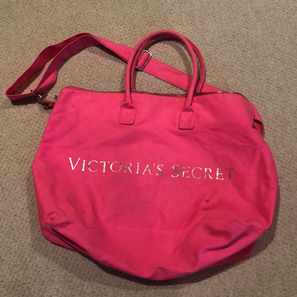 Victorias Secret Large Tote Shoulder Bag Bright Pink Strap Travel Beach Weekend